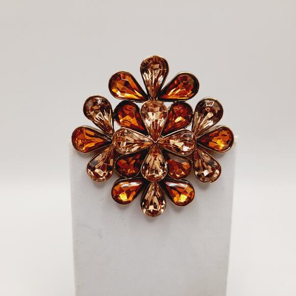 Vintage Amber Rhinestone Flower Brooch Gold Tone 2 Inch Statement Pin - Picture 6 of 10